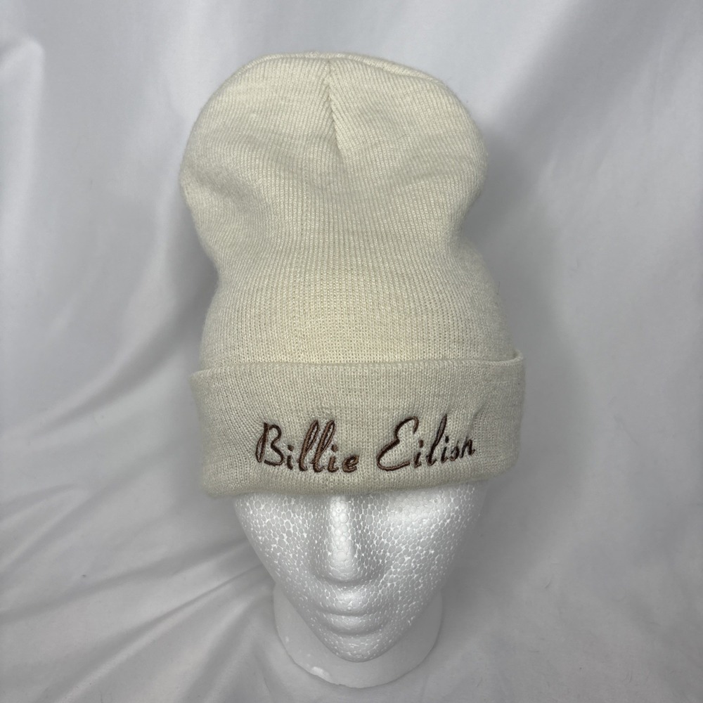 Billie Eilish Script Logo Cuffed Knit Beanie Winter Hat Cap Cream Brown‎